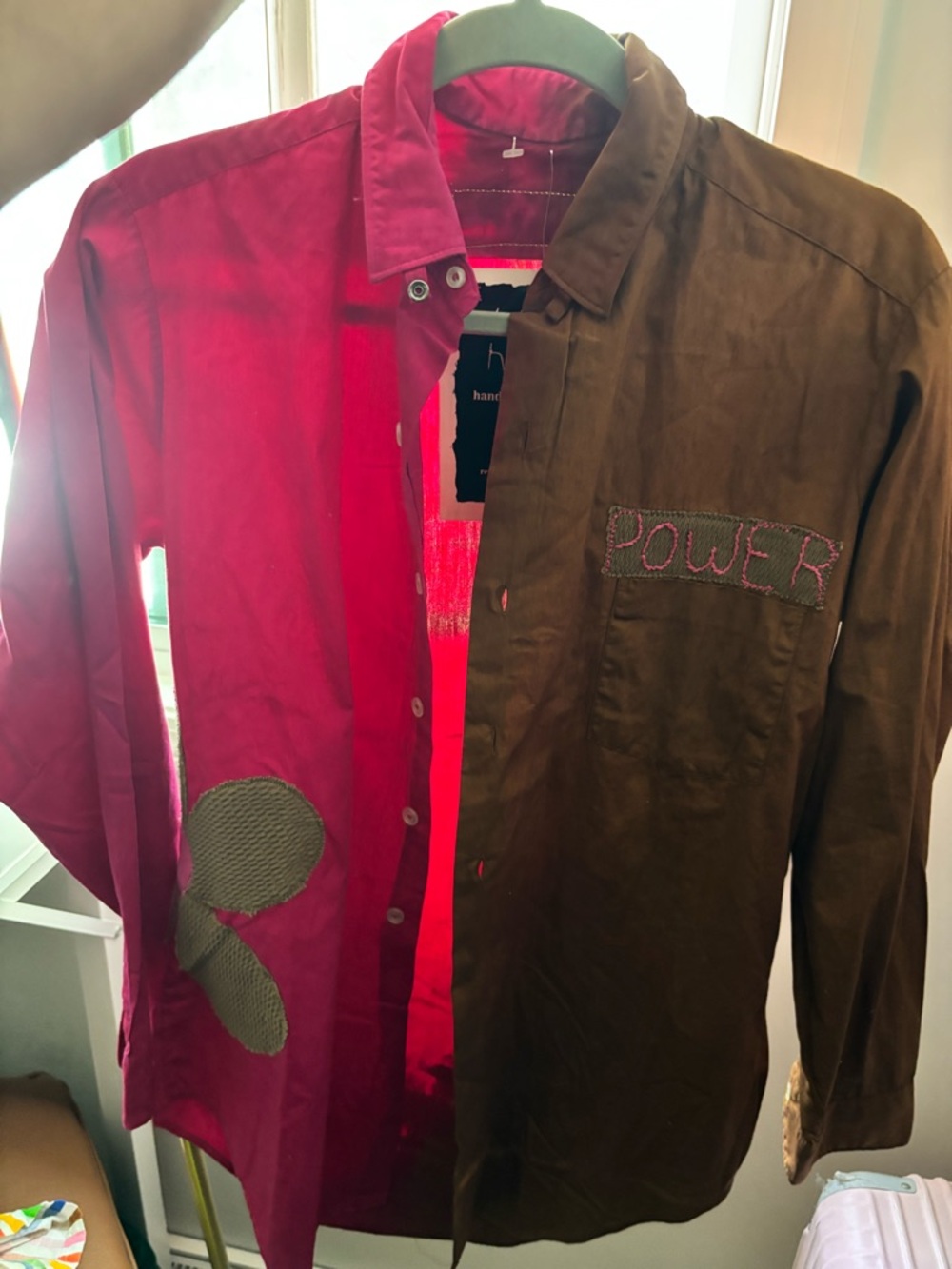 Two-Tone Red and Brown Statement Button-Up Shirt - POWER Patch
